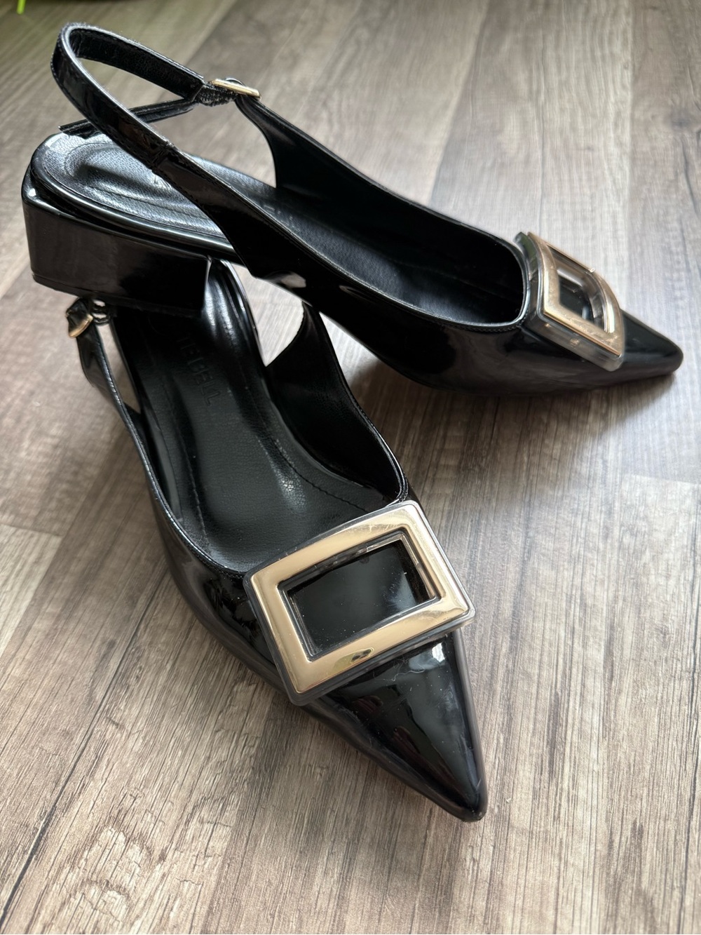 KIRSTE BELL Black Patent Pointed Toe Slingback Heels Size 6